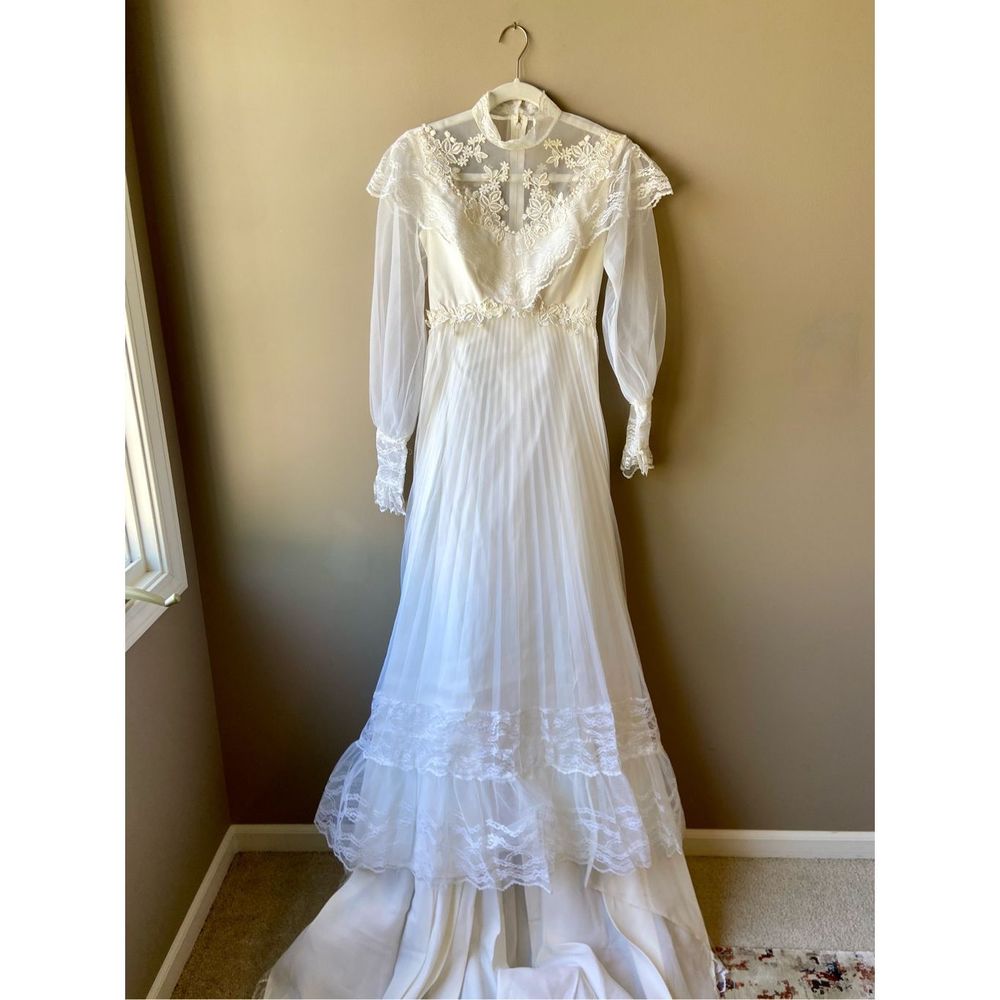 Vintage 60s 70s Gunne Sax esque Victorian Style Pleated Skirt Wedding Dress - SZ - Picture 3 of 9